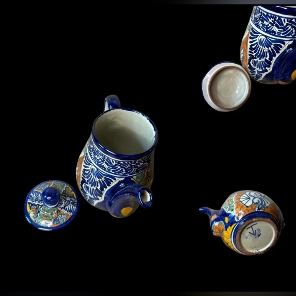 Vintage 70s Mexican Talavera by Vazquez Teapot Teacup and Saucer and Sugar Set